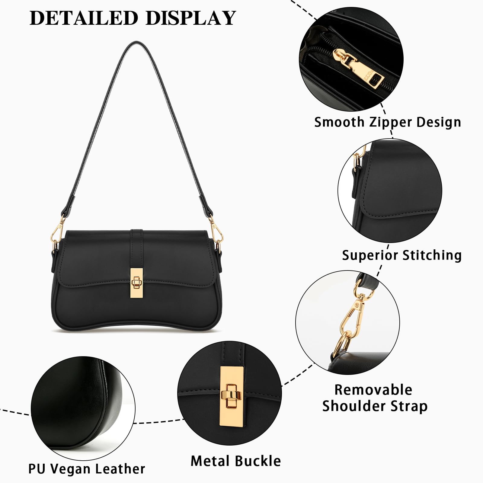 KKXIU Shoulder Bag for Women Small Hobo Handbags Cute Mini Clutch Purses | Classic Trendy Retro Underarm Crossbody Bag with Detachable Straps, Zipper Closure