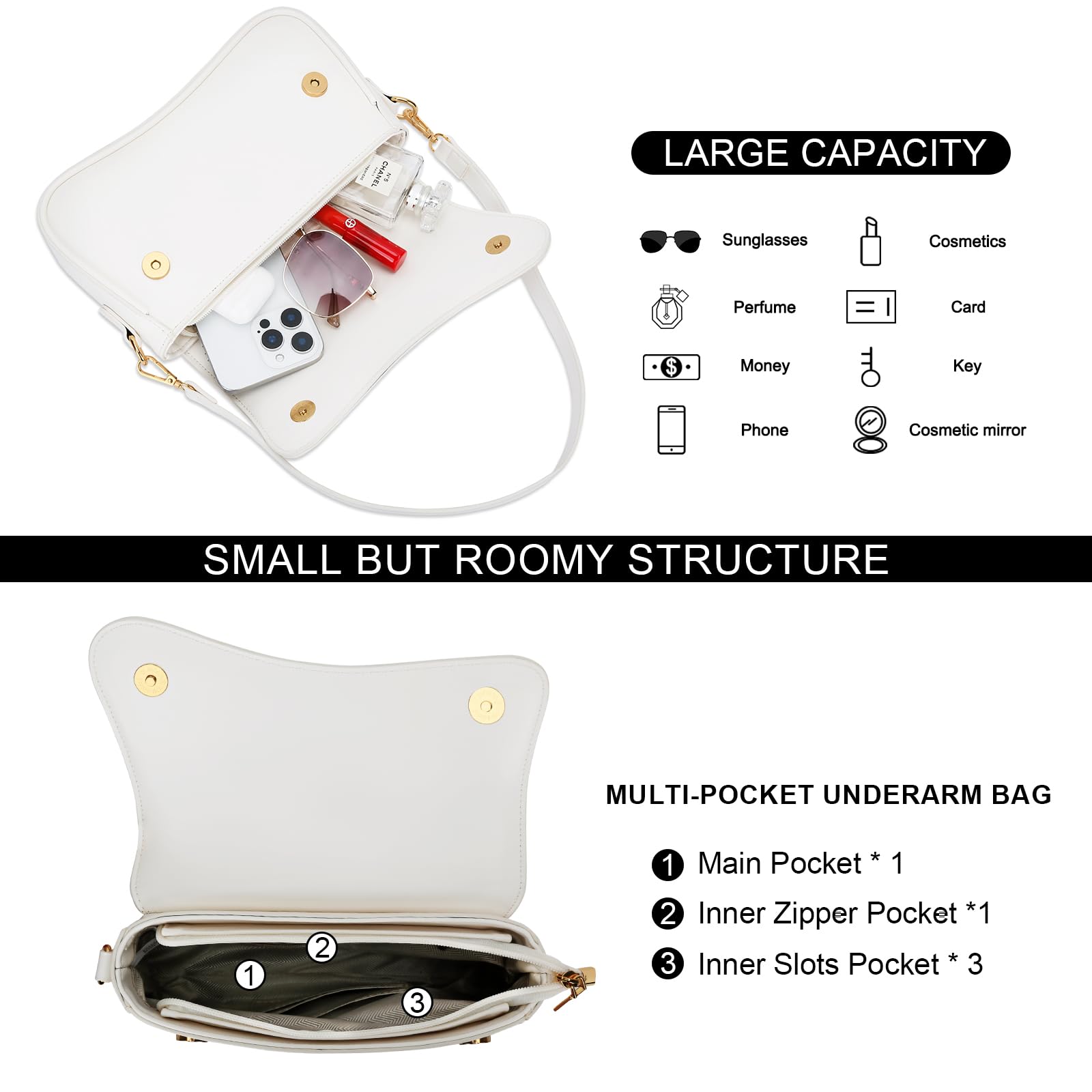 KKXIU Shoulder Bag for Women Small Hobo Handbags Cute Mini Clutch Purses | Classic Trendy Retro Underarm Crossbody Bag with Detachable Straps, Zipper Closure