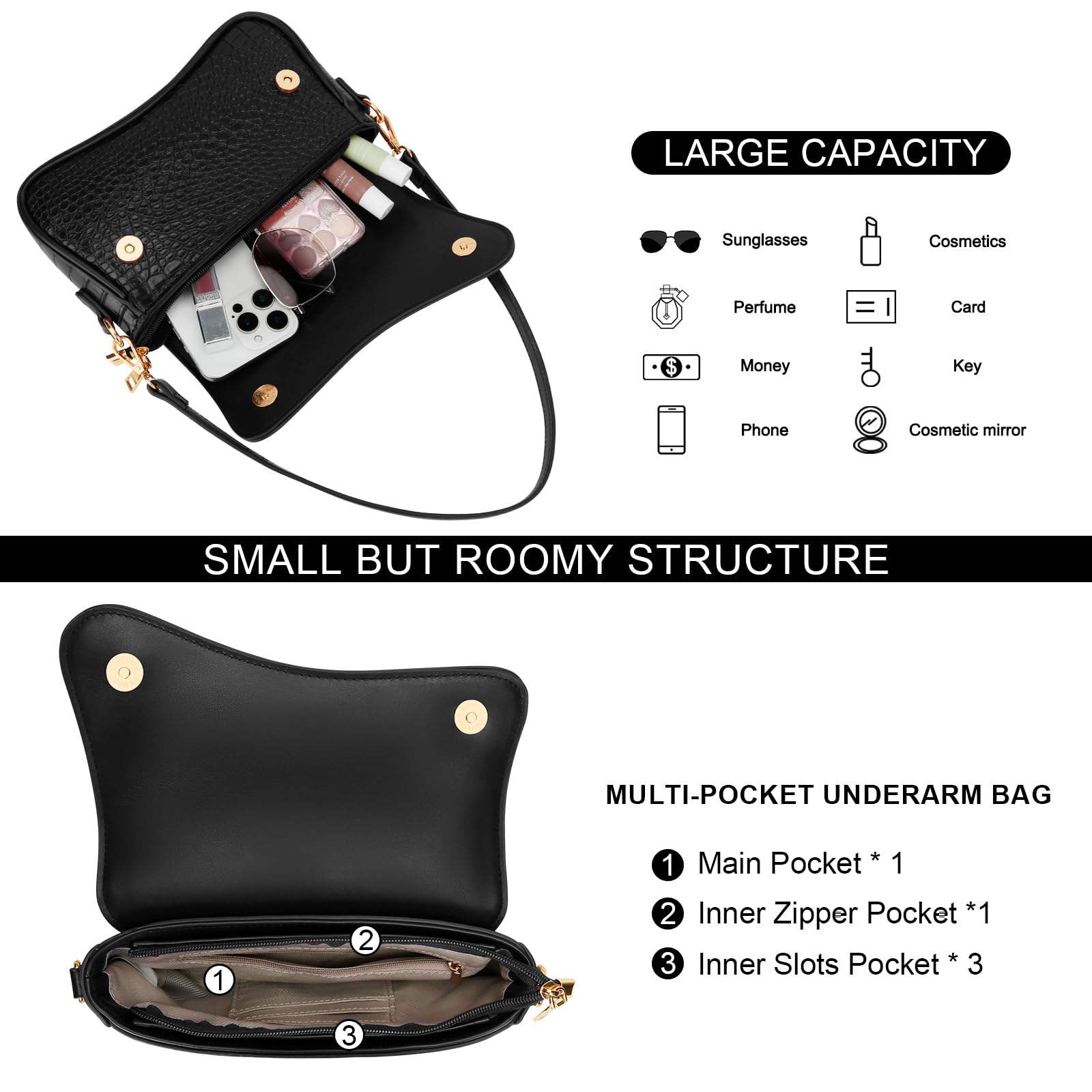 KKXIU Shoulder Bag for Women Small Hobo Handbags Cute Mini Clutch Purses | Classic Trendy Retro Underarm Crossbody Bag with Detachable Straps, Zipper Closure