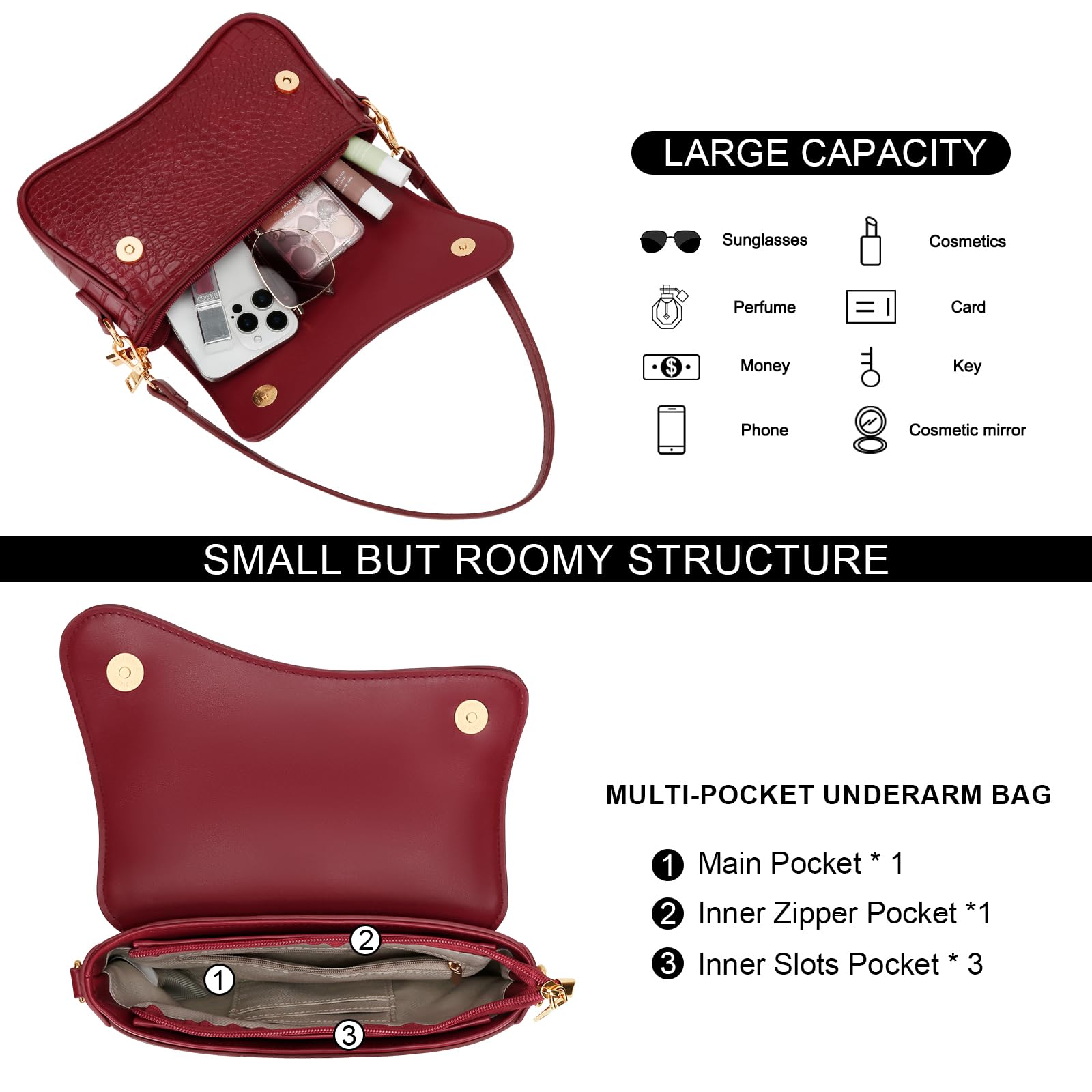 KKXIU Shoulder Bag for Women Small Hobo Handbags Cute Mini Clutch Purses | Classic Trendy Retro Underarm Crossbody Bag with Detachable Straps, Zipper Closure