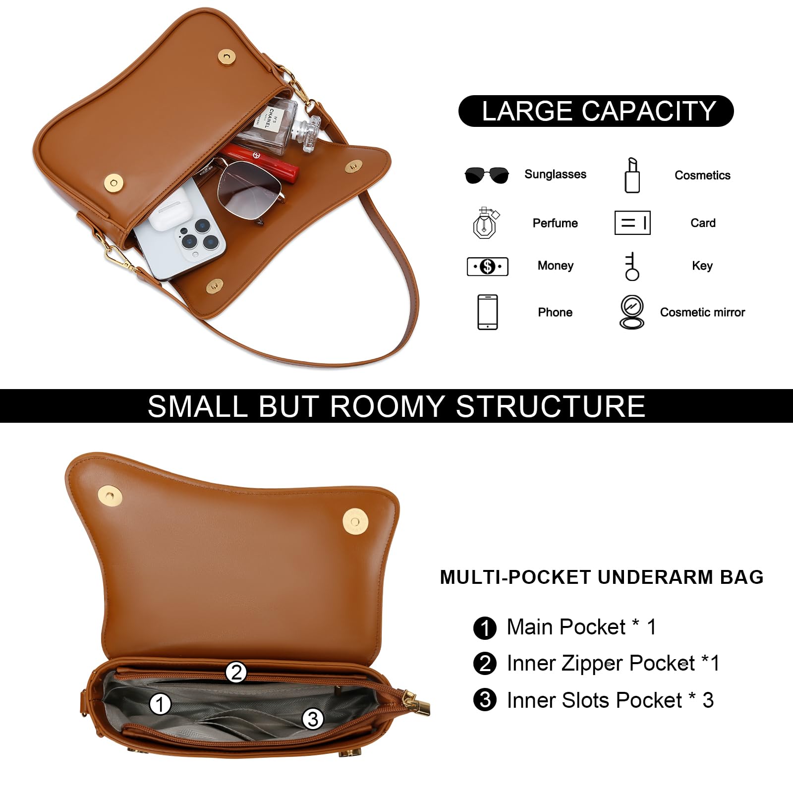 KKXIU Shoulder Bag for Women Small Hobo Handbags Cute Mini Clutch Purses | Classic Trendy Retro Underarm Crossbody Bag with Detachable Straps, Zipper Closure