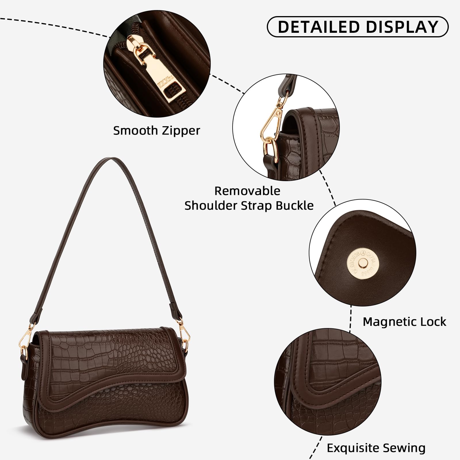 KKXIU Shoulder Bag for Women Small Hobo Handbags Cute Mini Clutch Purses | Classic Trendy Retro Underarm Crossbody Bag with Detachable Straps, Zipper Closure