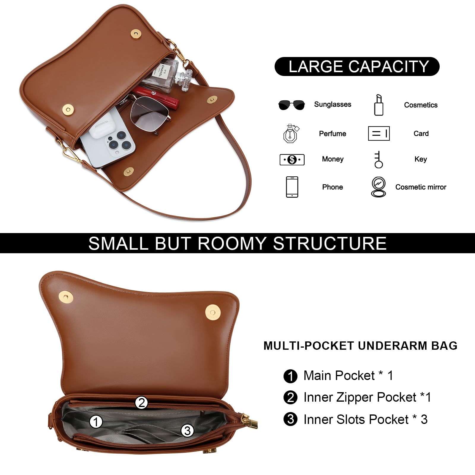 KKXIU Shoulder Bag for Women Small Hobo Handbags Cute Mini Clutch Purses | Classic Trendy Retro Underarm Crossbody Bag with Detachable Straps, Zipper Closure
