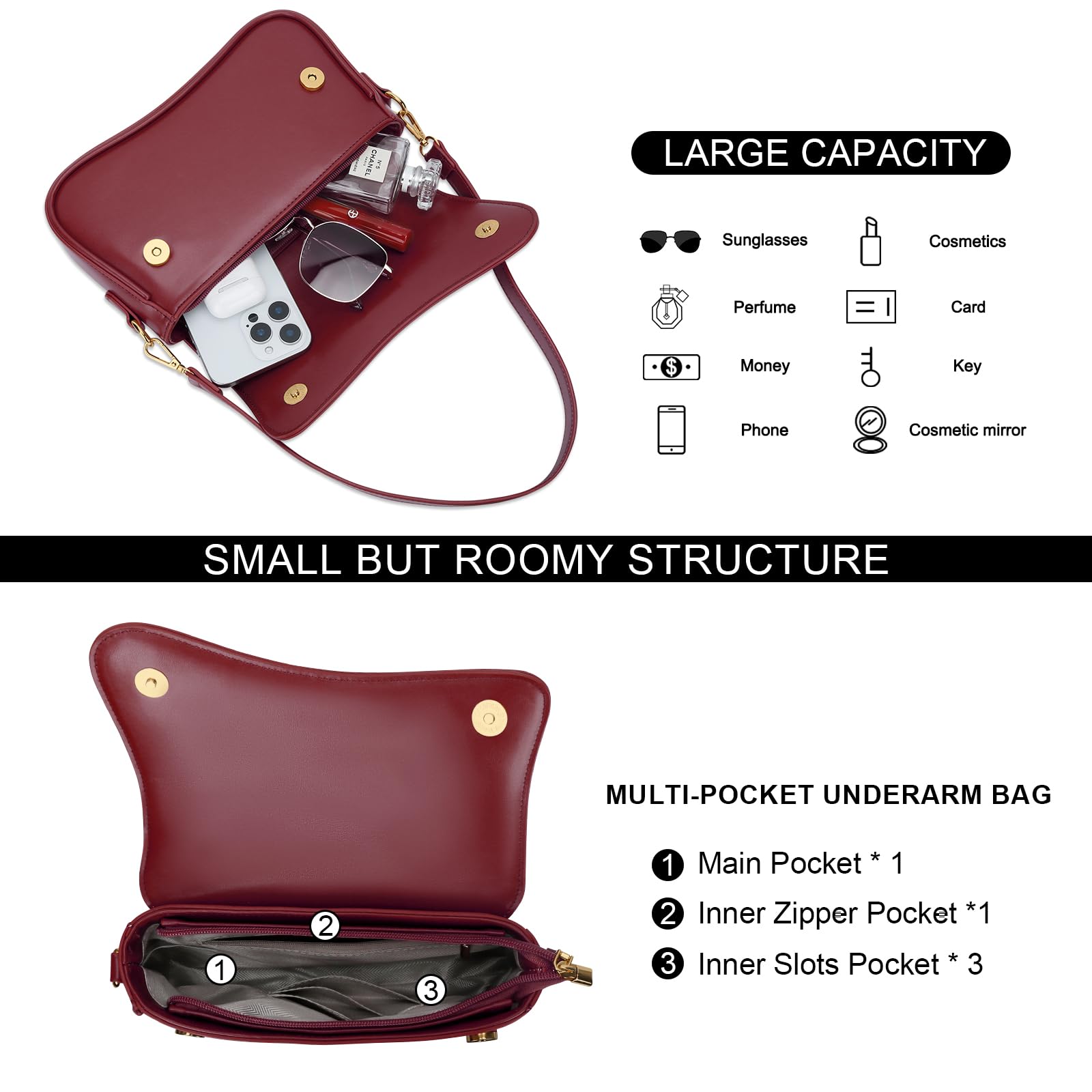 KKXIU Shoulder Bag for Women Small Hobo Handbags Cute Mini Clutch Purses | Classic Trendy Retro Underarm Crossbody Bag with Detachable Straps, Zipper Closure