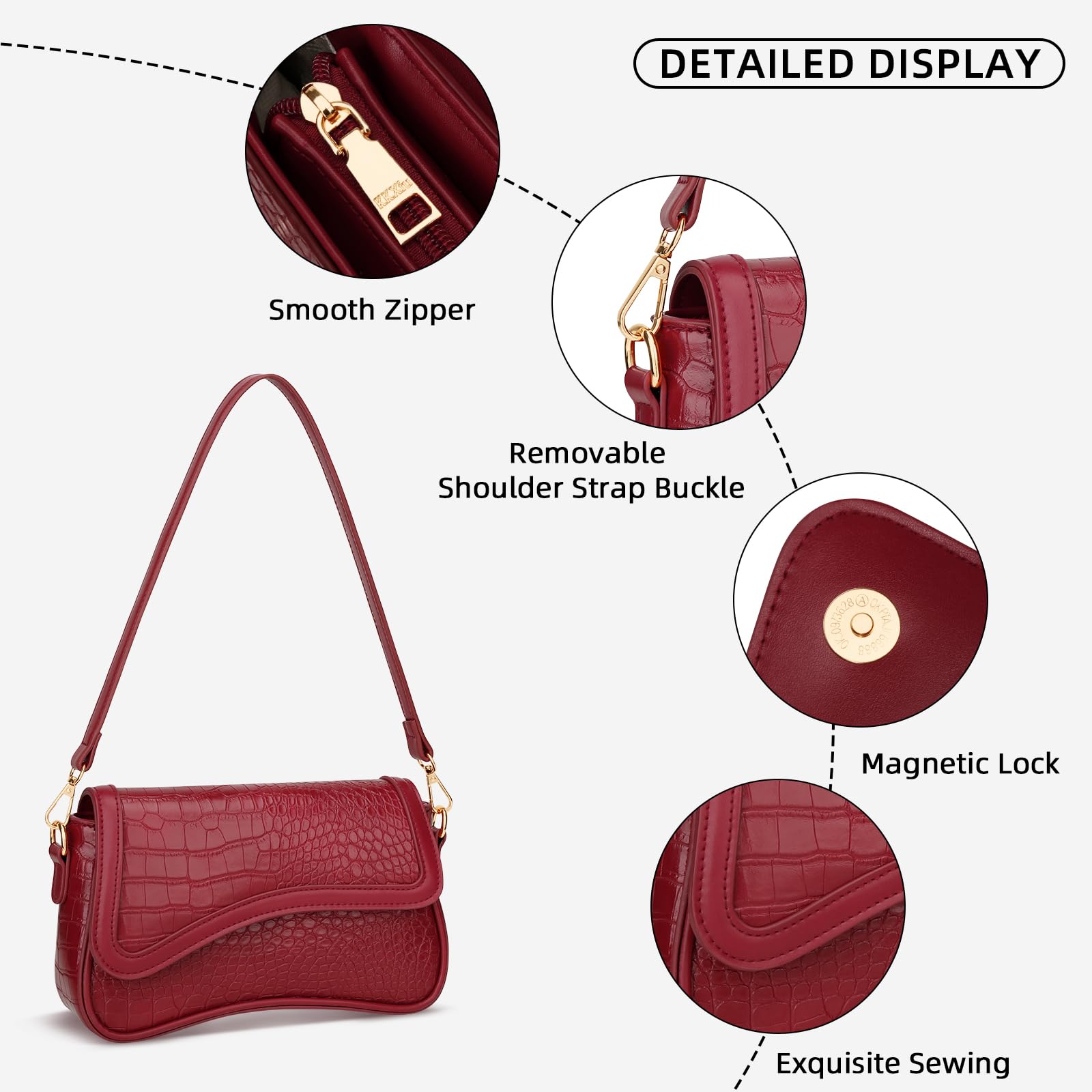 KKXIU Shoulder Bag for Women Small Hobo Handbags Cute Mini Clutch Purses | Classic Trendy Retro Underarm Crossbody Bag with Detachable Straps, Zipper Closure